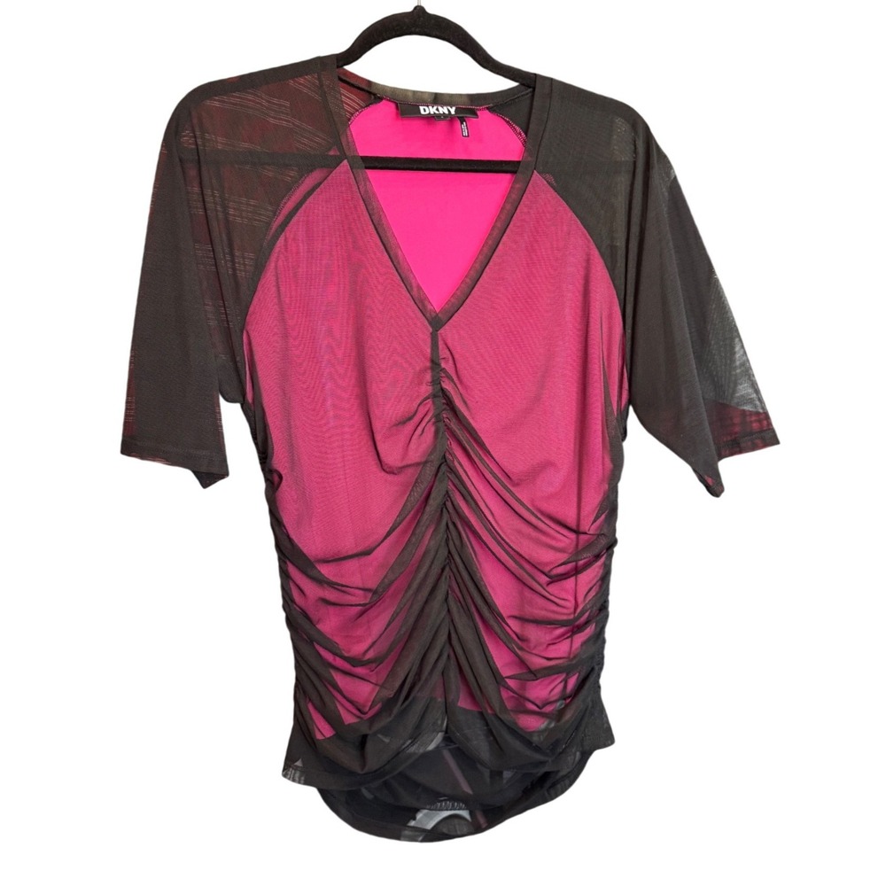 DKNY Sheer Mesh Ruched Top‎ Y2K Black Pink Layered V-Neck L Top Y2K Indie Rave